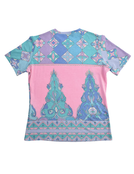Emilio Pucci Vintage Pastel Blue Pink Multicolor Graphic Print Jersey T-Shirt