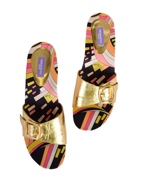 Pucci Vintage Metallic Gold and Multicolor Print Slide On Mule Heels