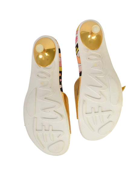 Pucci Vintage Metallic Gold and Multicolor Print Slide On Mule Heels