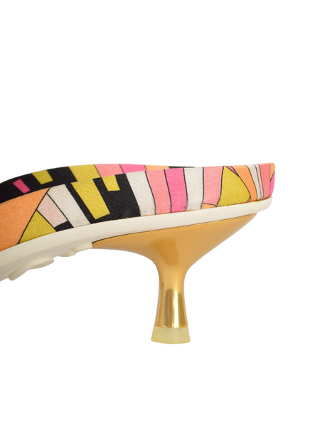 Pucci Vintage Metallic Gold and Multicolor Print Slide On Mule Heels