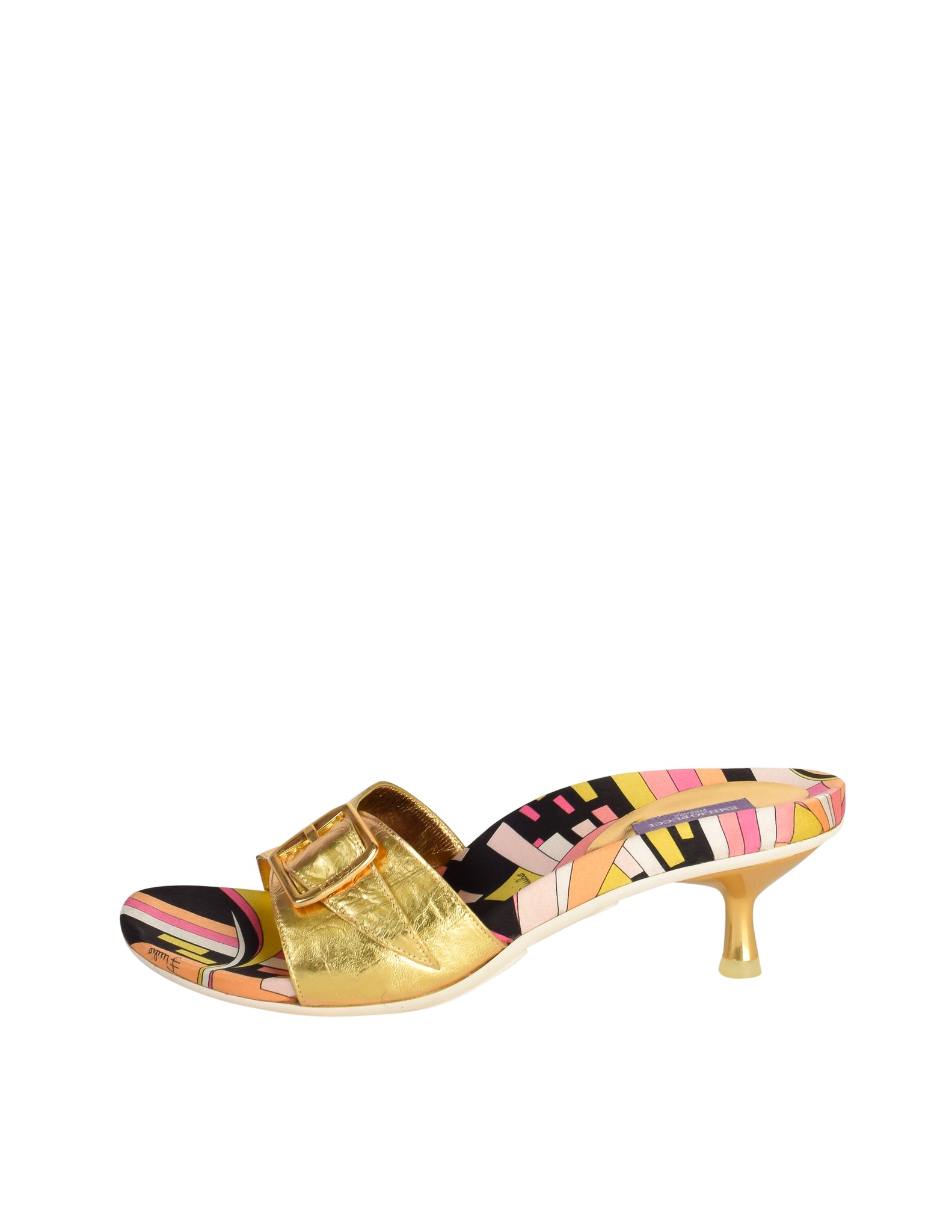 Pucci Vintage Metallic Gold and Multicolor Print Slide On Mule Heels