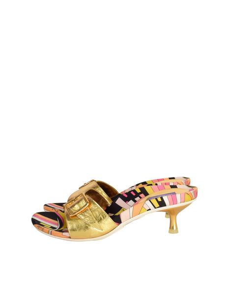 Pucci Vintage Metallic Gold and Multicolor Print Slide On Mule Heels