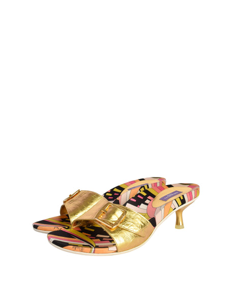 Pucci Vintage Metallic Gold and Multicolor Print Slide On Mule Heels