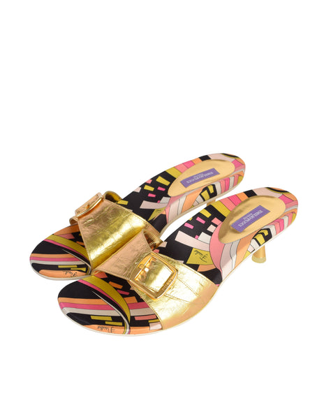 Pucci Vintage Metallic Gold and Multicolor Print Slide On Mule Heels