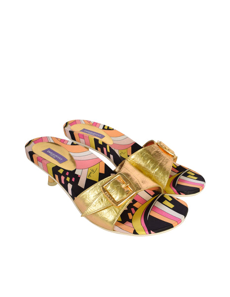 Pucci Vintage Metallic Gold and Multicolor Print Slide On Mule Heels