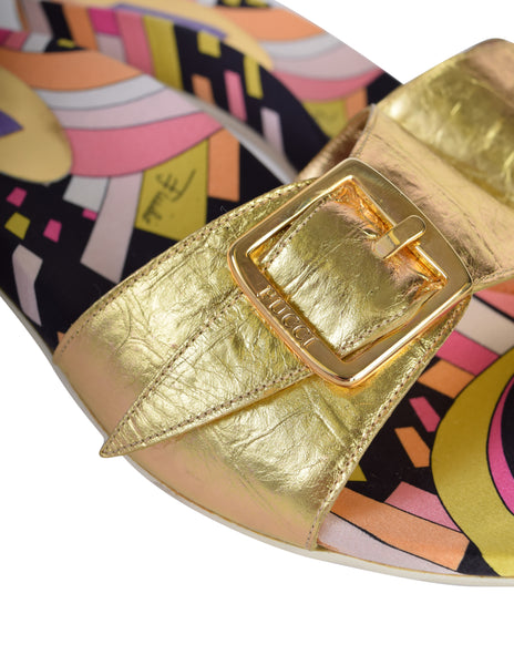 Pucci Vintage Metallic Gold and Multicolor Print Slide On Mule Heels