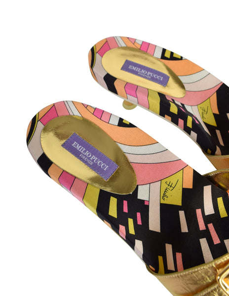 Pucci Vintage Metallic Gold and Multicolor Print Slide On Mule Heels