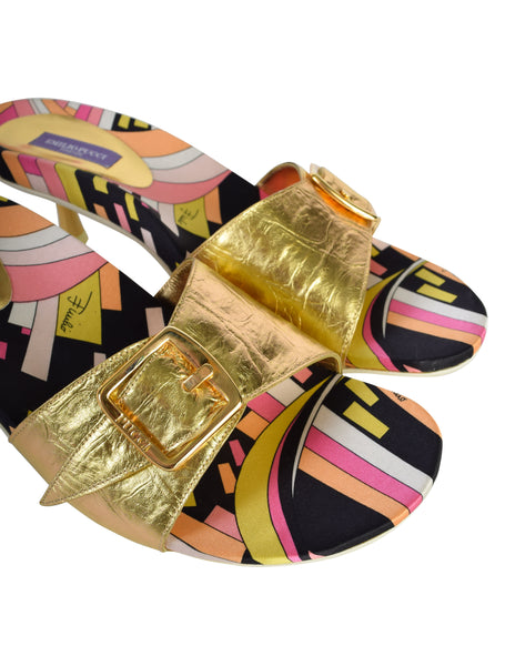 Pucci Vintage Metallic Gold and Multicolor Print Slide On Mule Heels