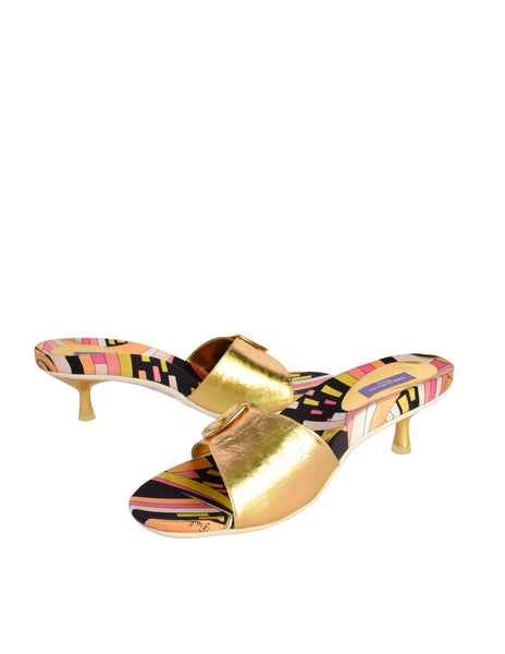 Pucci Vintage Metallic Gold and Multicolor Print Slide On Mule Heels