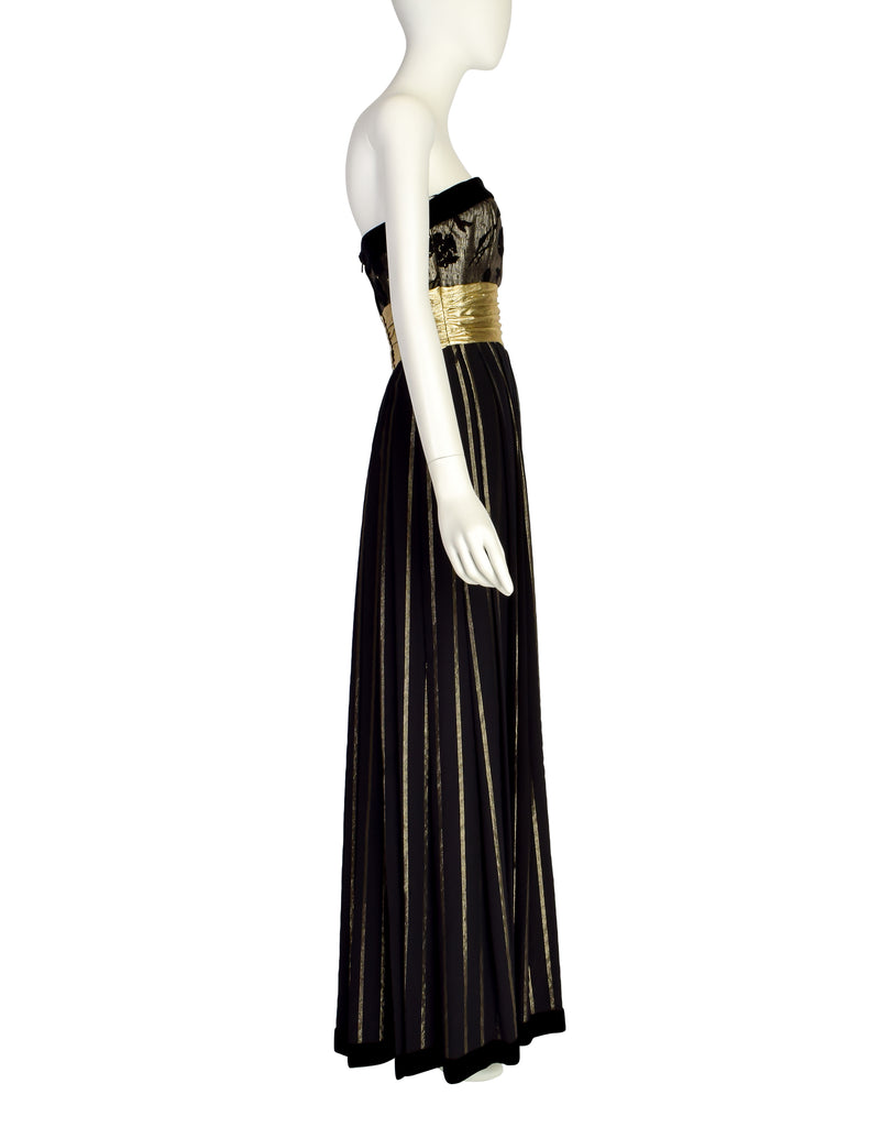 Escada Vintage Black and Gold Silk and Velvet Floral Striped 