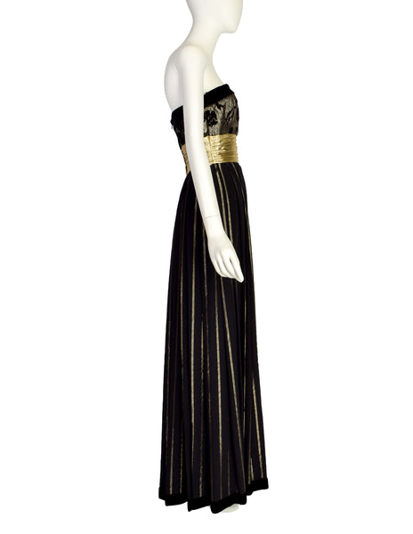 Escada Vintage Black and Gold Silk and Velvet Floral Striped Evening Gown Dress