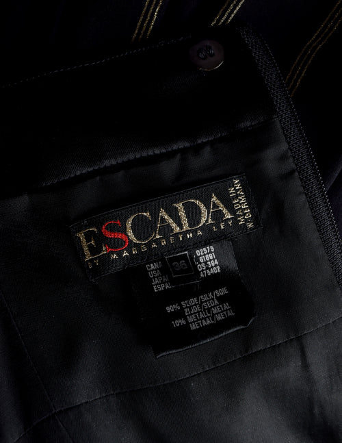 Escada Vintage Black and Gold Silk and Velvet Floral Striped Evening Gown Dress Escada Vintage Black and Gold Silk and Velvet Floral Striped Evening Gown Dress