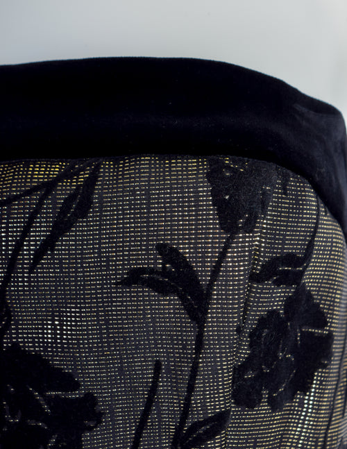 Escada Vintage Black and Gold Silk and Velvet Floral Striped Evening Gown Dress Escada Vintage Black and Gold Silk and Velvet Floral Striped Evening Gown Dress
