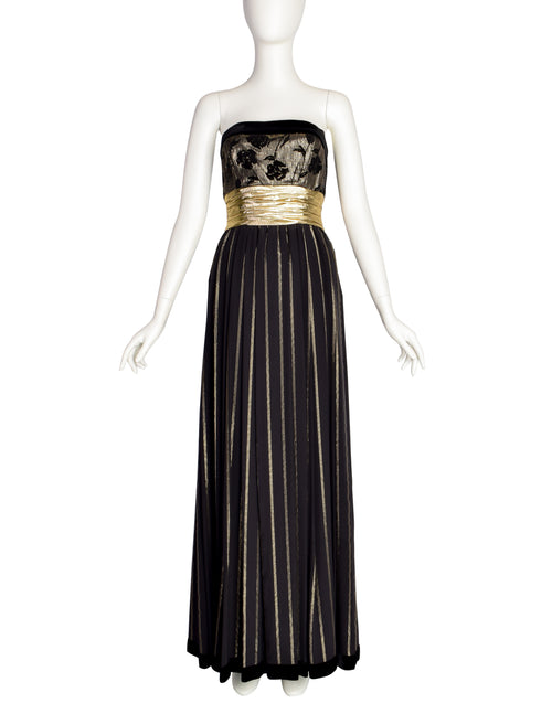 Escada Vintage Black and Gold Silk and Velvet Floral Striped Evening Gown Dress Escada Vintage Black and Gold Silk and Velvet Floral Striped Evening Gown Dress