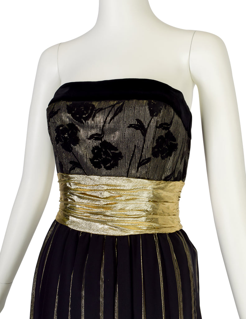 Escada Vintage Black and Gold Silk and Velvet Floral Striped Evening G ...