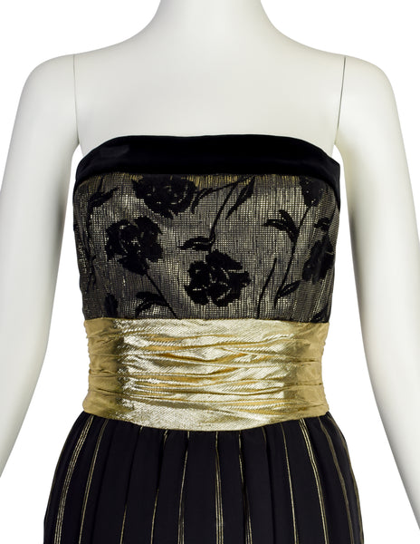 Escada Vintage Black and Gold Silk and Velvet Floral Striped Evening Gown Dress