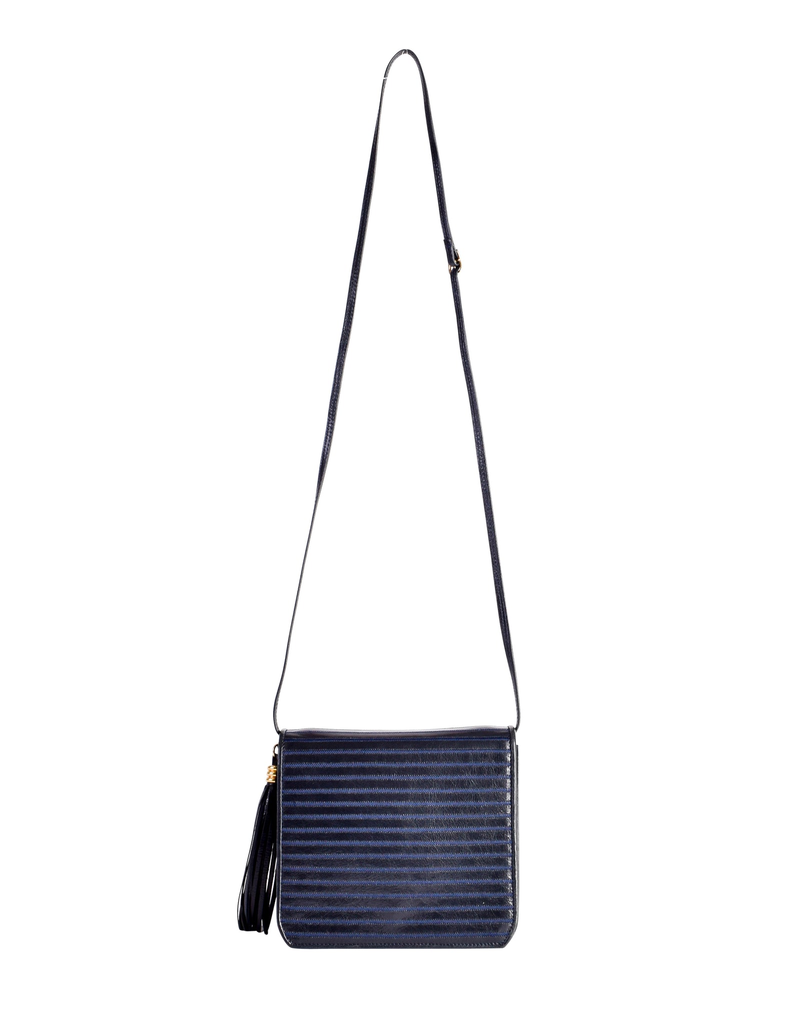 Fendi Vintage Blue Stitch Black Leather Tassel Crossbody Bag