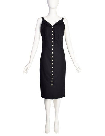 Fendi Vintage Black Cotton Pique Snap Button Wiggle Dress