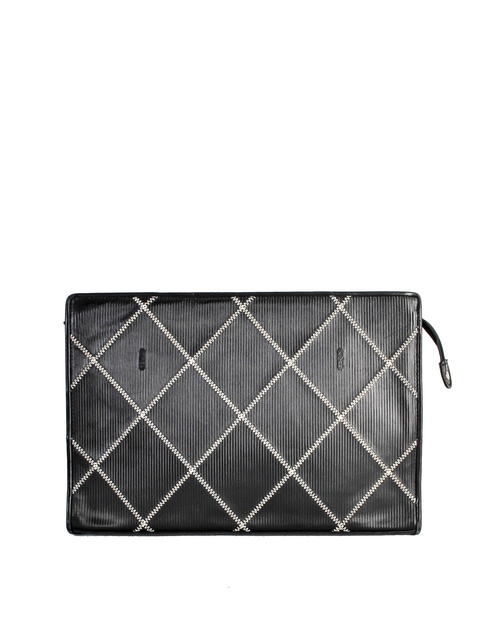 Fendi Vintage Black Ribbed Leather Contract Stitch Portfolio Clutch Bag