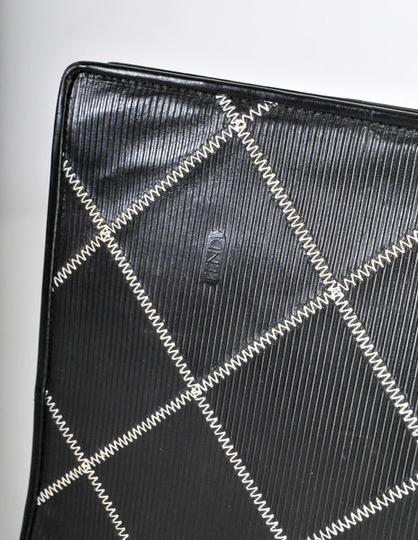 Fendi Vintage Black Ribbed Leather Contract Stitch Portfolio Clutch Bag