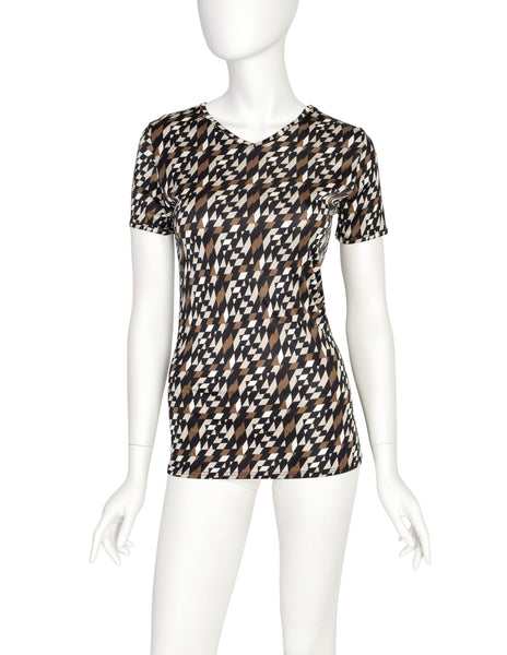 Fendi Vintage Black White Brown Geometric Logo V Neck Top