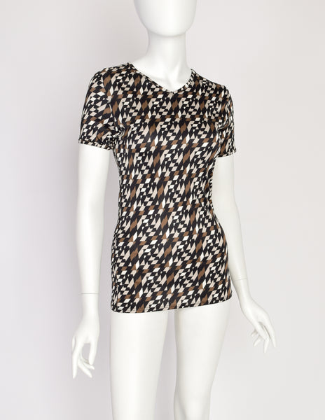 Fendi Vintage Black White Brown Geometric Logo V Neck Top