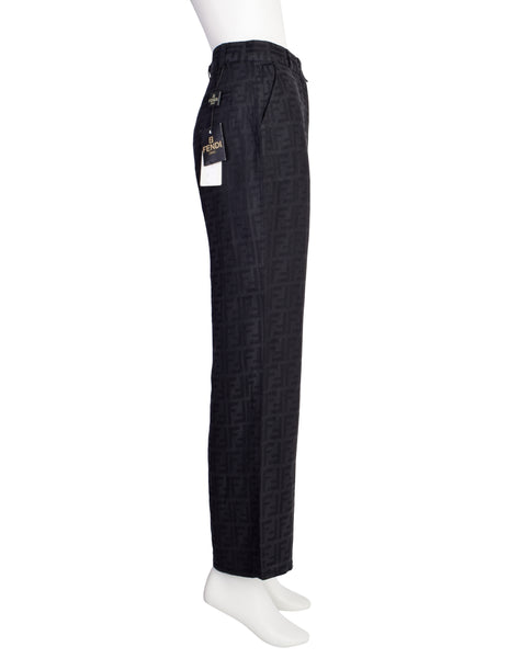 Fendi Vintage Black Zucca Logo Monogram Linen Jacquard Wide Leg Pants