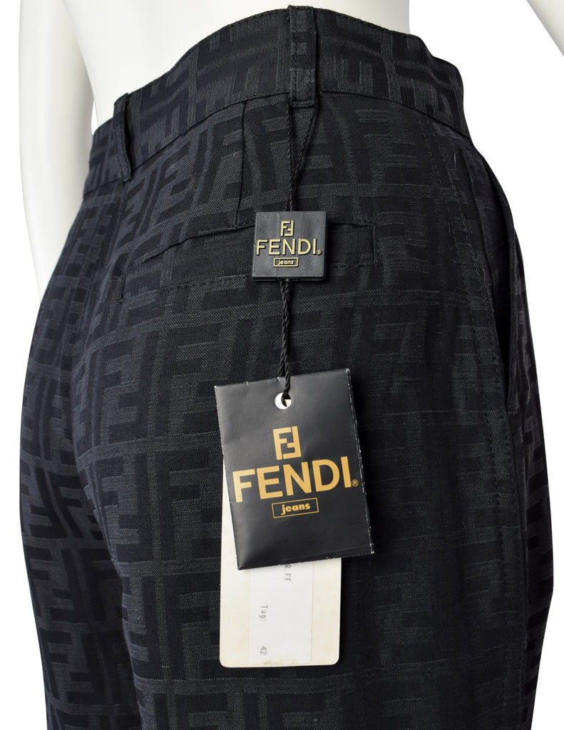 Fendi Vintage Black Zucca Logo Monogram Linen Jacquard Wide Leg