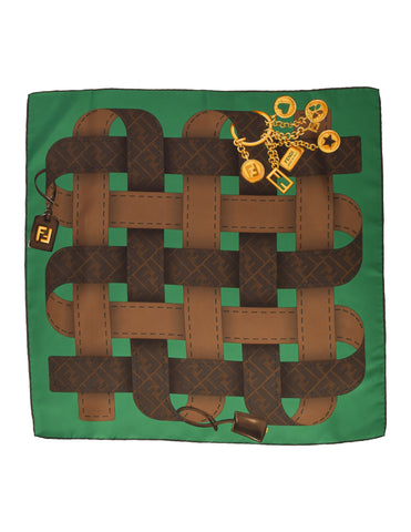 Fendi Vintage Brown Green Zucca Trompe L'oeil Print Silk Scarf