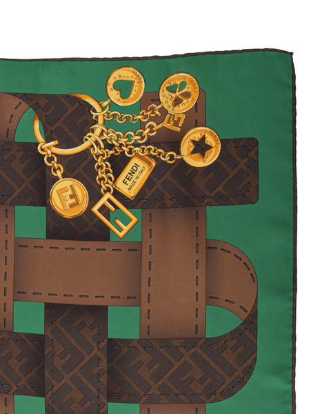 Fendi Vintage Brown Green Zucca Trompe L'oeil Print Silk Scarf