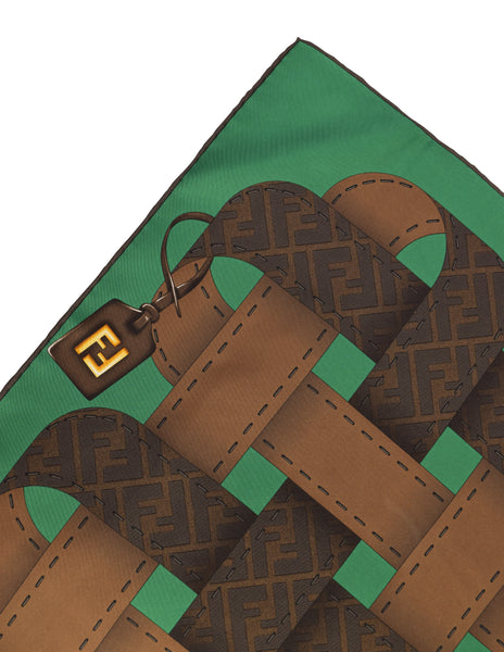 Fendi Vintage Brown Green Zucca Trompe L'oeil Print Silk Scarf