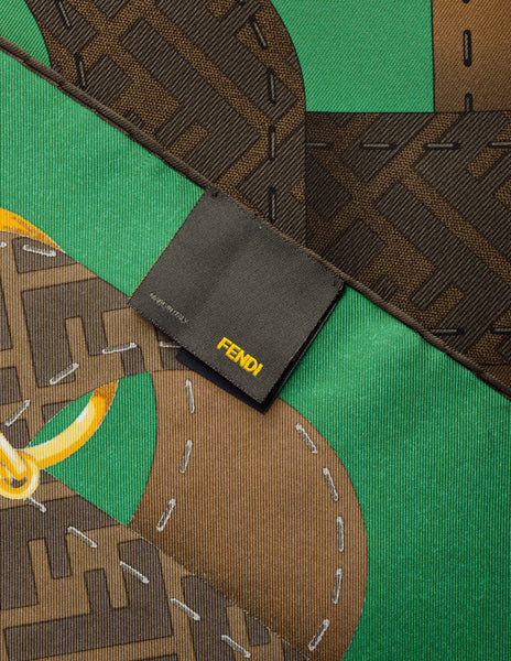 Fendi Vintage Brown Green Zucca Trompe L'oeil Print Silk Scarf