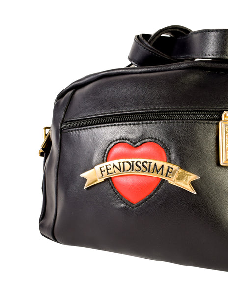 Fendissime Vintage Black Leather Tattoo Heart Crossbody Shoulder Bag