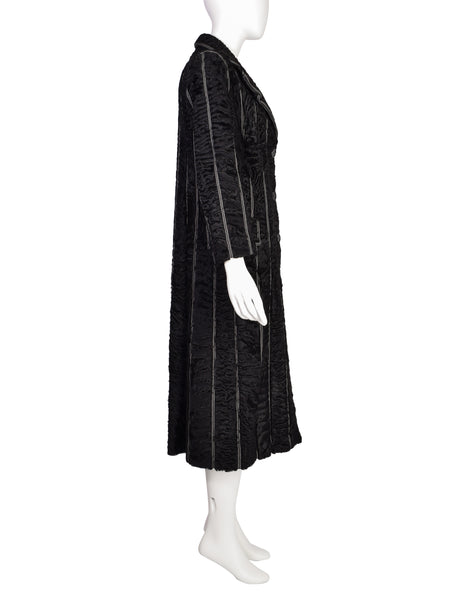 Fendi Vintage Black Persian Lamb Fur Stitched Panel Collared Button Up Coat