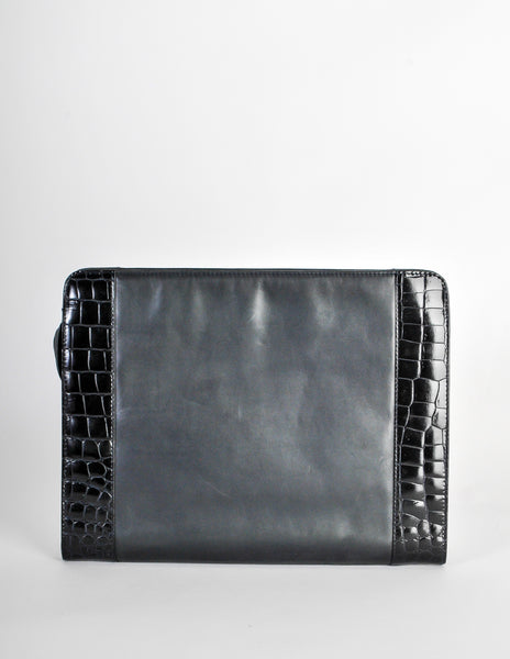 Fendi Vintage Blue and Black Leather Croc Embossed Portfolio Clutch Bag