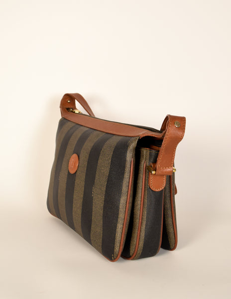 Fendi Vintage Brown and Black Striped Trio Compartment Crossbody Shoulder Bag