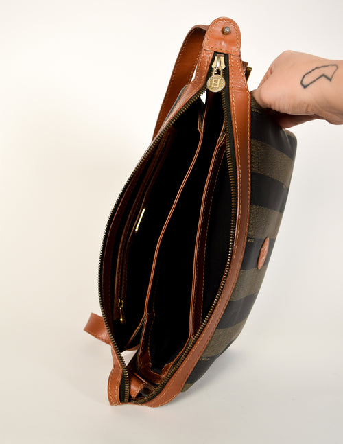 Fendi Vintage Brown and Black Striped Trio Compartment Crossbody Shoul Amarcord Vintage Fashion