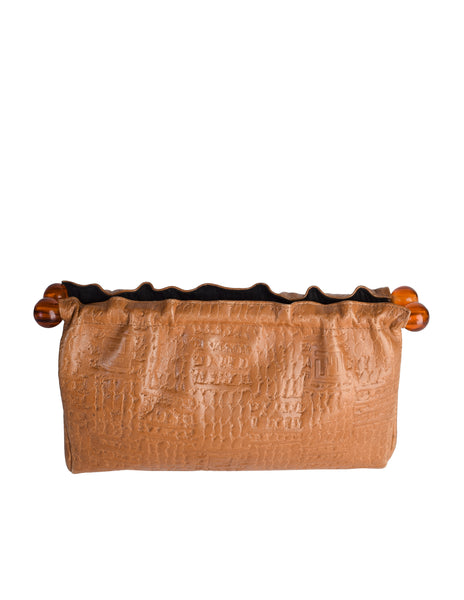 Fendi Vintage Early 1970s Embossed Monogram Butterscotch Leather Clutch Bag