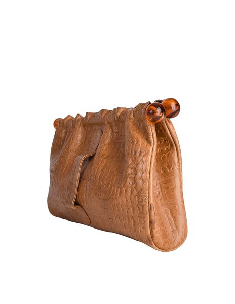 Fendi Vintage Early 1970s Embossed Monogram Butterscotch Leather Clutch Bag