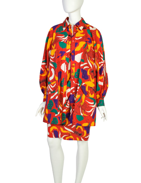 Fendi Vintage Red Multicolor Graphic Cotton Sundress and Shirt Jacket Ensemble Set
