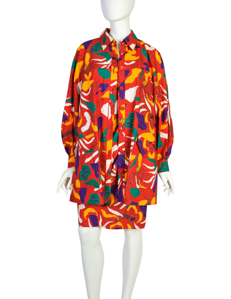 Fendi Vintage Red Multicolor Graphic Cotton Sundress and Shirt Jacket Ensemble Set