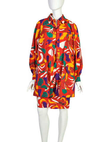 Fendi Vintage Red Multicolor Graphic Cotton Sundress and Shirt Jacket Ensemble Set