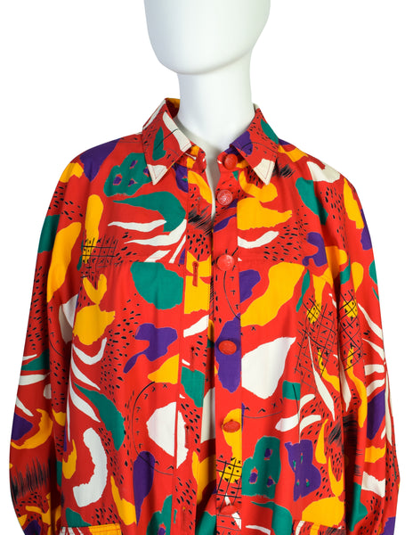 Fendi Vintage Red Multicolor Graphic Cotton Sundress and Shirt Jacket Ensemble Set