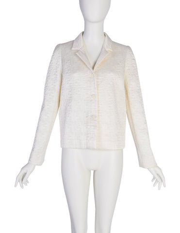 Fendi Vintage Ivory Zucca FF Logo Monogram Quilted Silk Satin Jacket