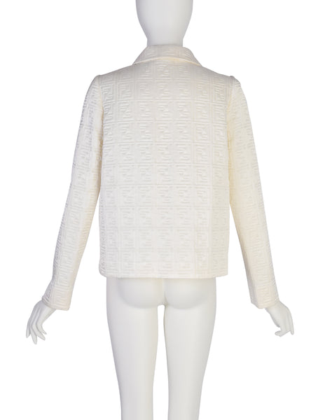 Fendi Vintage Ivory Zucca FF Logo Monogram Quilted Silk Satin Jacket