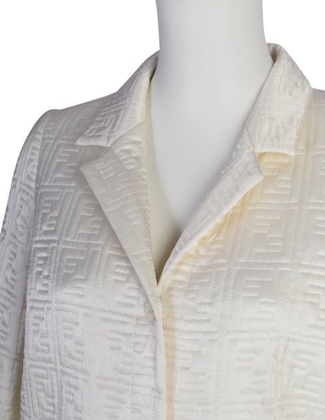 Fendi Vintage Ivory Zucca FF Logo Monogram Quilted Silk Satin Jacket