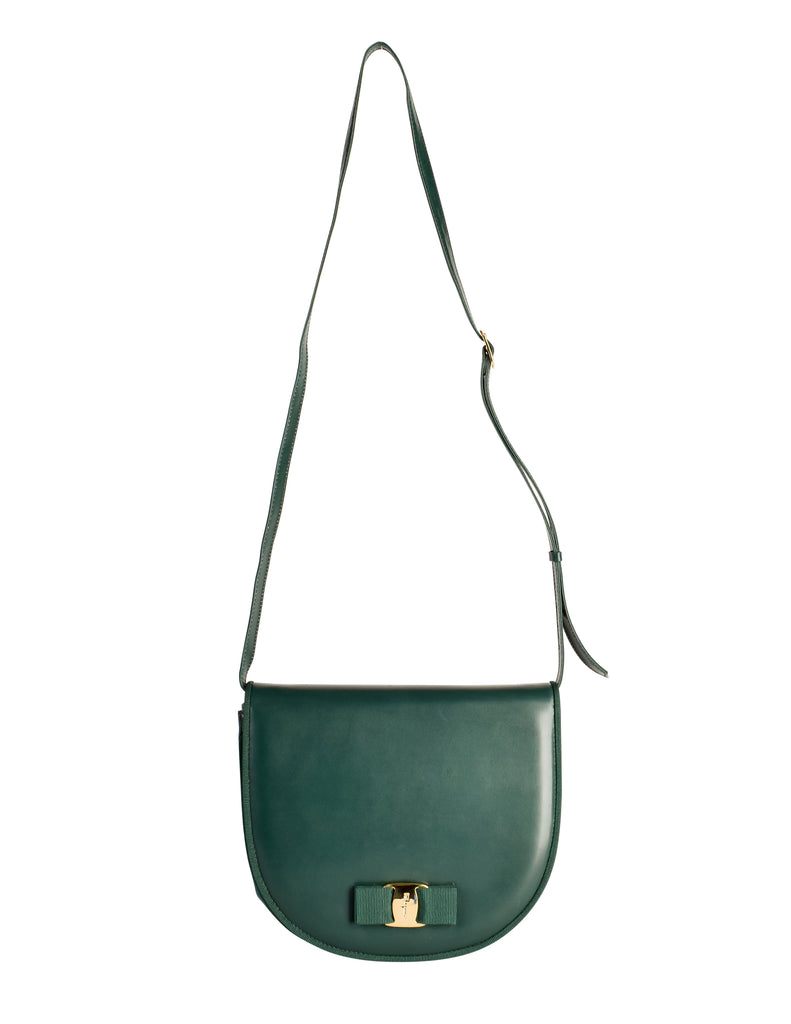 Ferragamo Vintage Vara Bow Logo Forest Green Leather Crossbody Bag ...