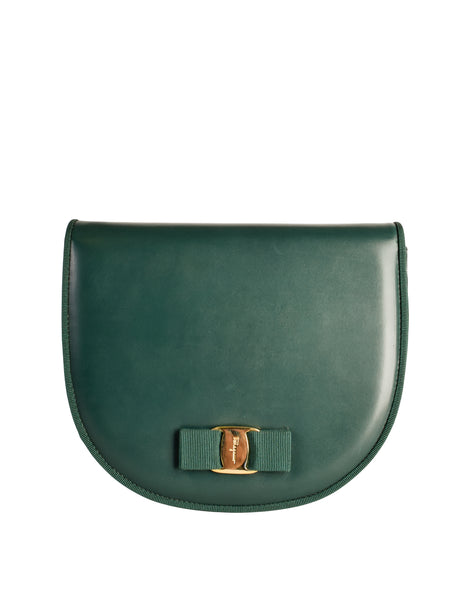 Ferragamo Vintage Vara Bow Logo Forest Green Leather Crossbody Bag