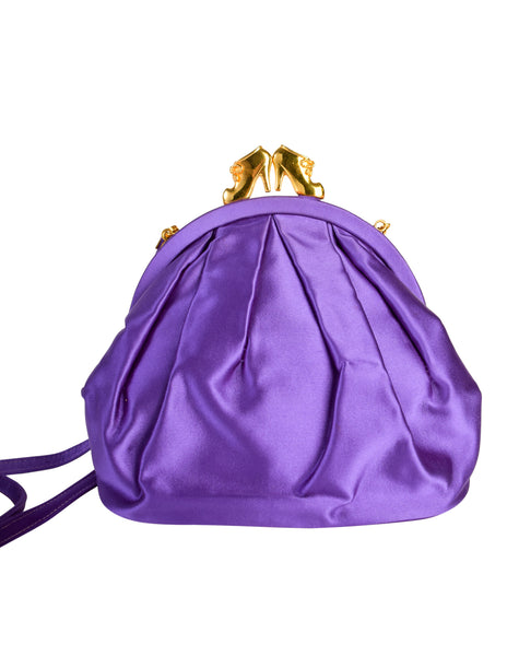 Ferragamo Vintage Purple Satin Golden High Heel Shoe Kisslock Shoulder Bag