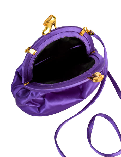 Ferragamo Vintage Purple Satin Golden High Heel Shoe Kisslock Shoulder Bag